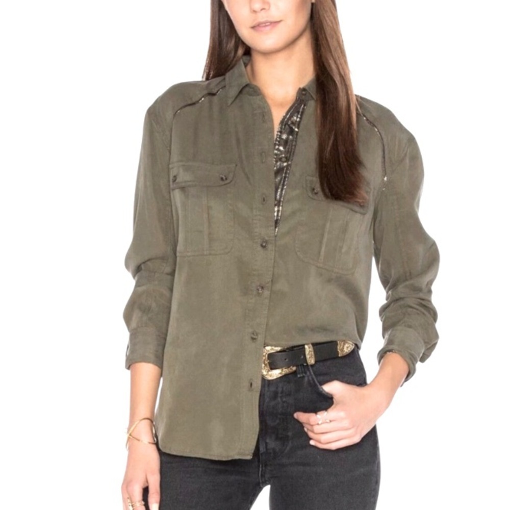 Free People Off Campus Green Metallic Button Down Shirt small